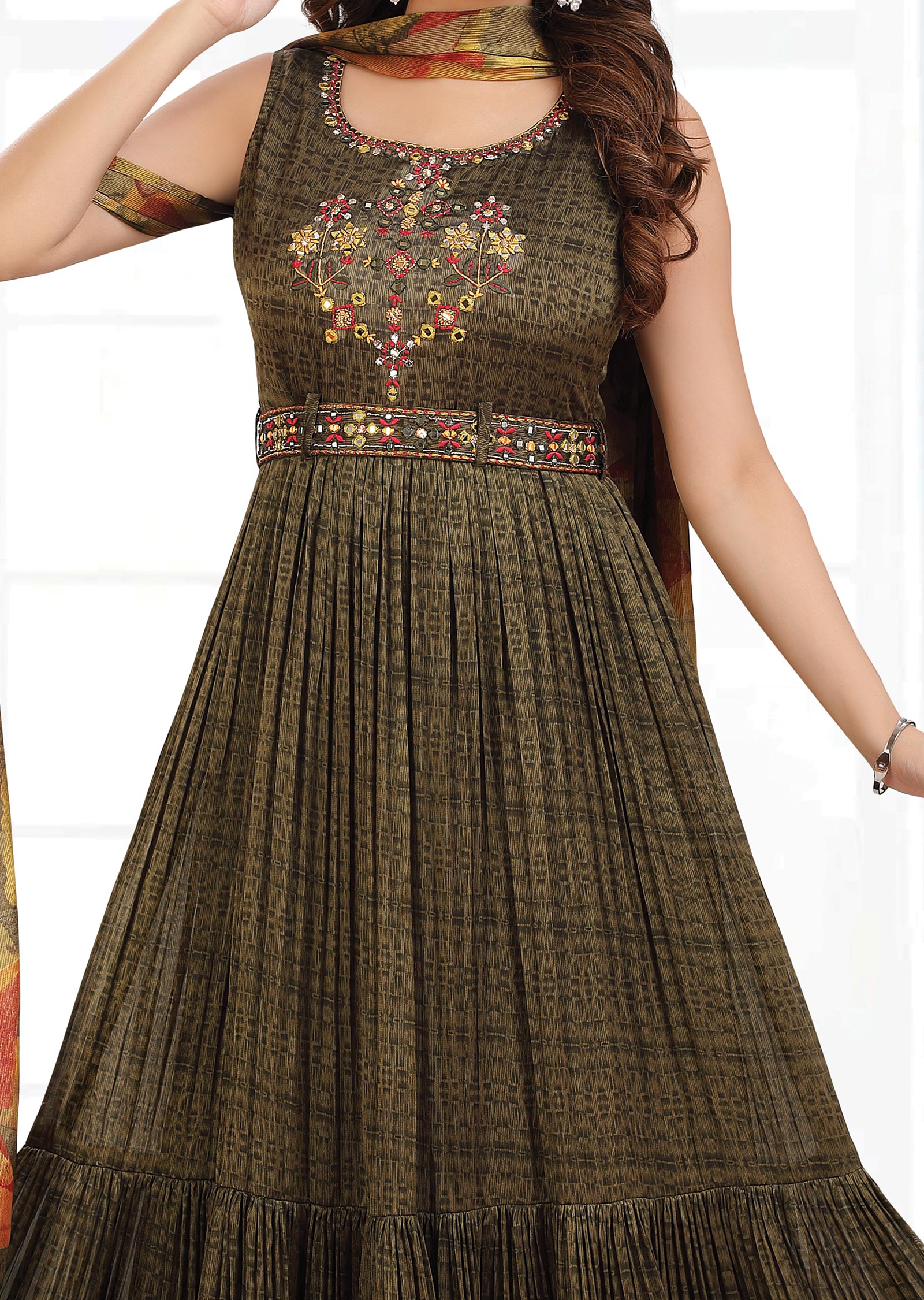 Olive Green Chiffon Kurti Full Length