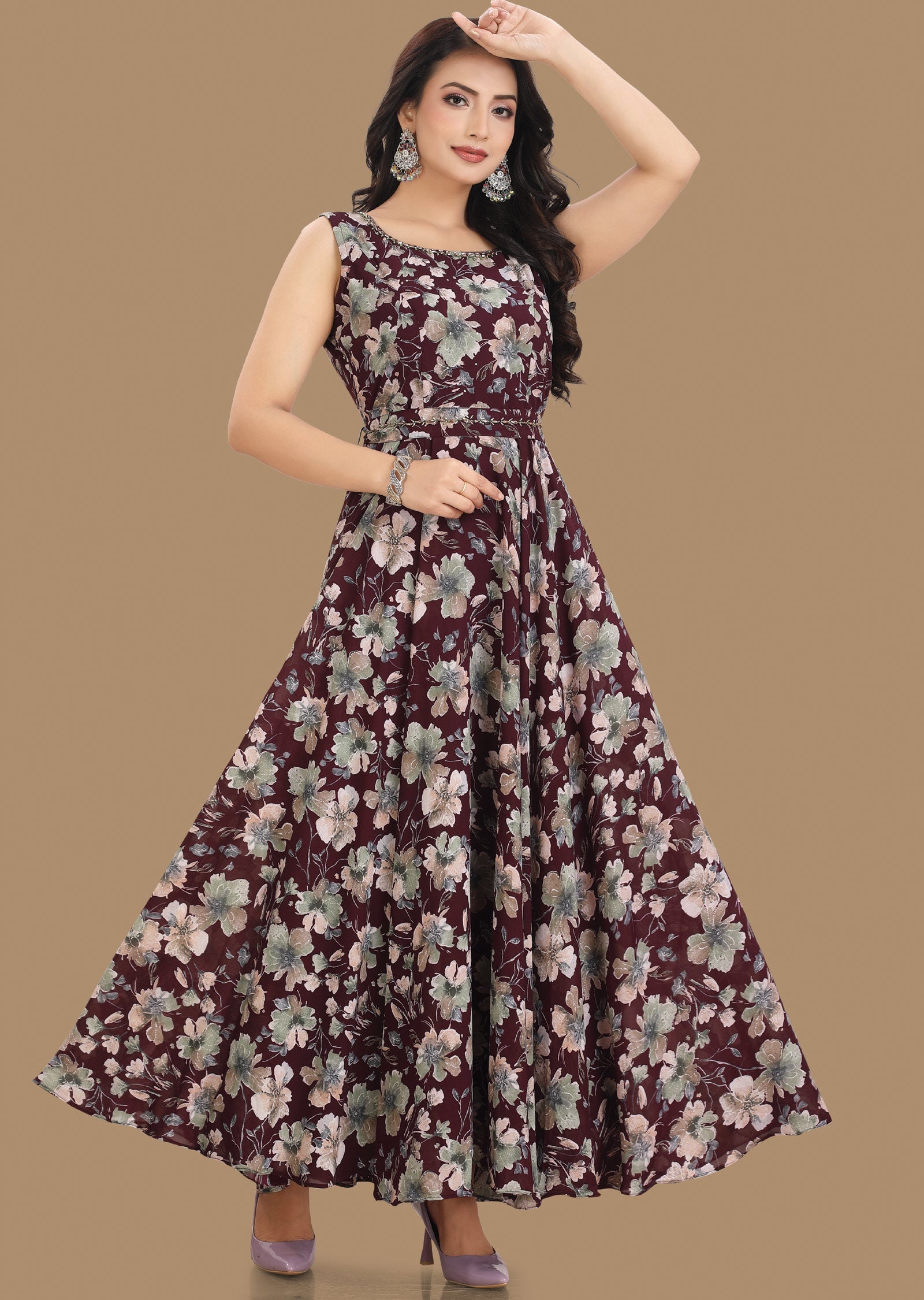 Wine Georgette Kurti Full Length