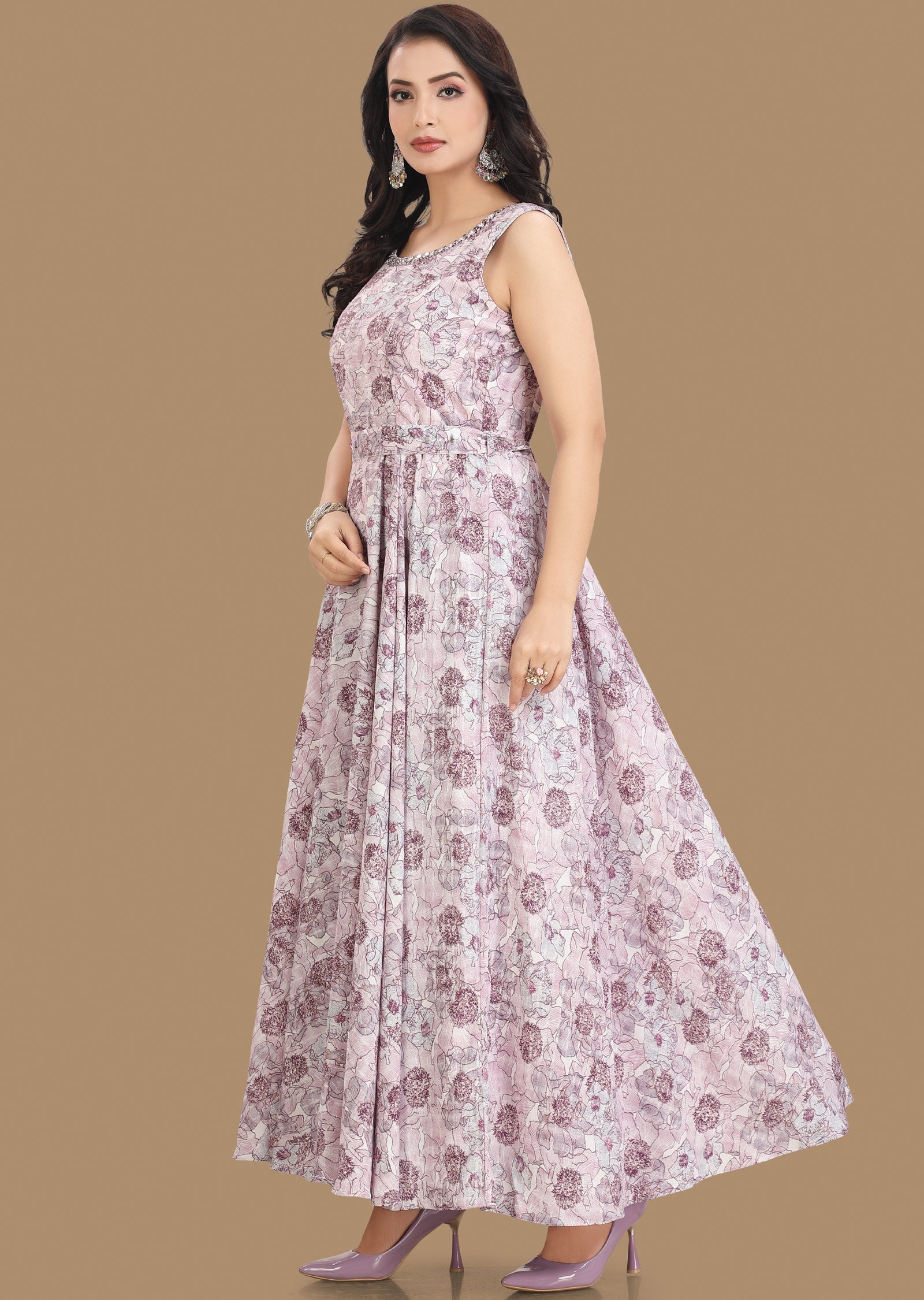 Off White & Purple Georgette Kurti Full Length