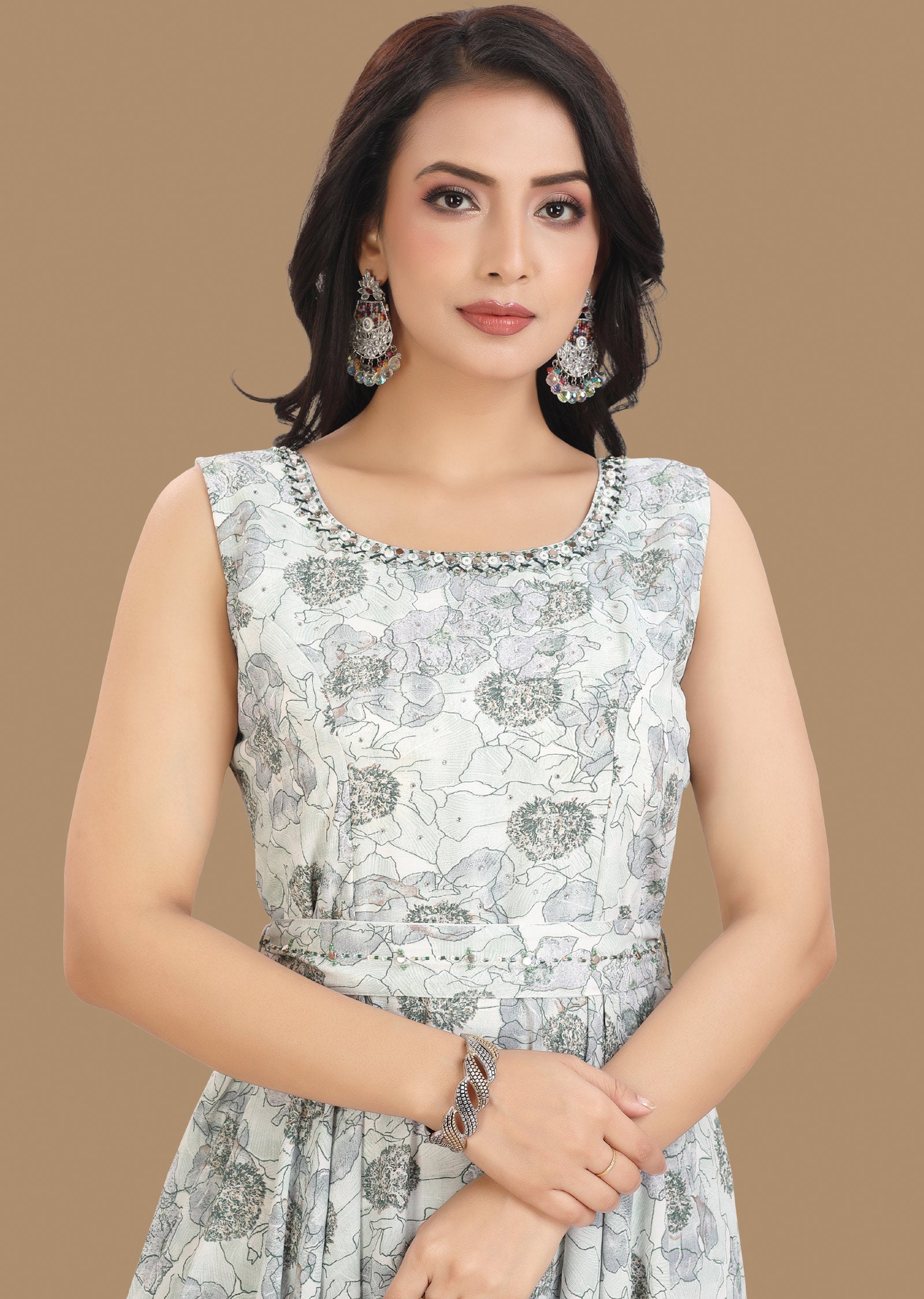 Off White & Green Georgette Kurti Full Length