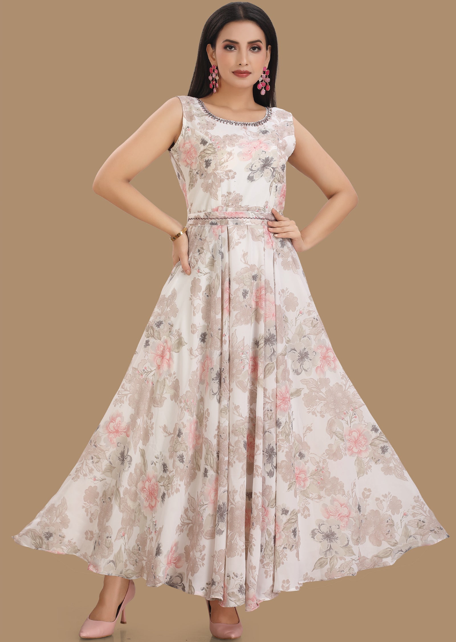 Off White Georgette Kurti Full Length