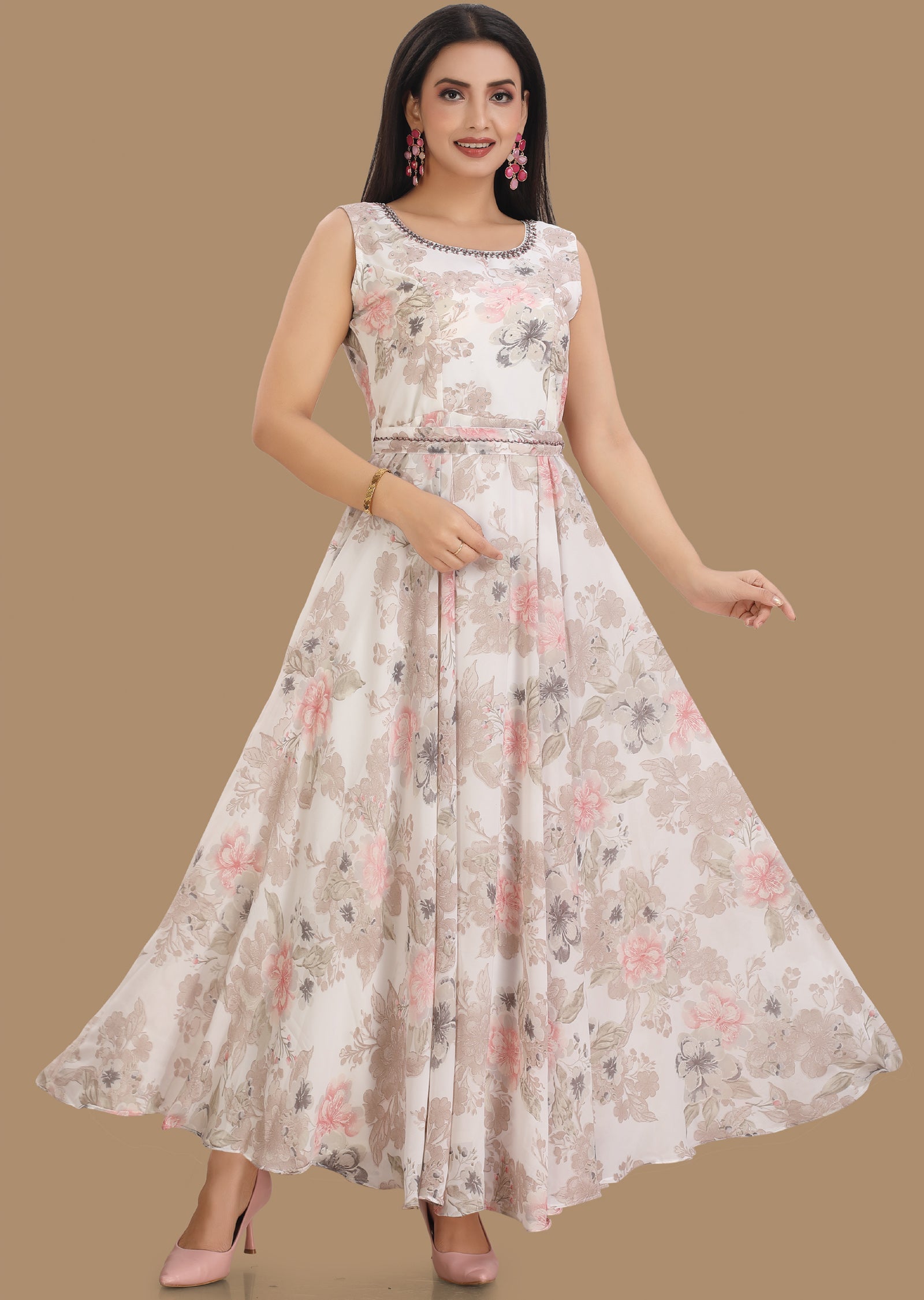 Off White Georgette Kurti Full Length