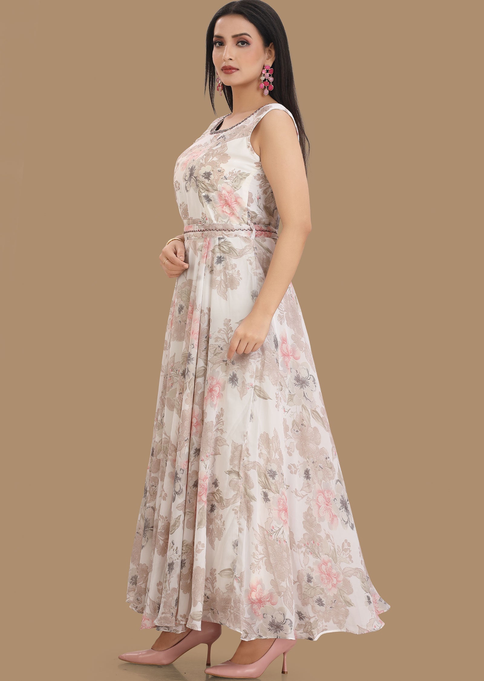 Off White Georgette Kurti Full Length