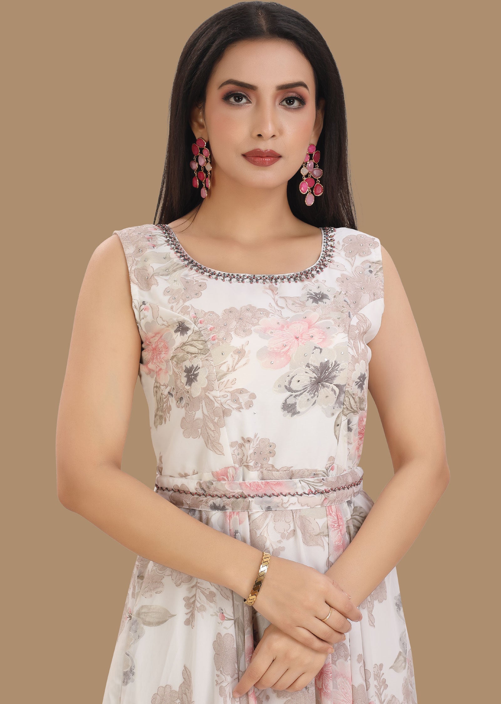 Off White Georgette Kurti Full Length