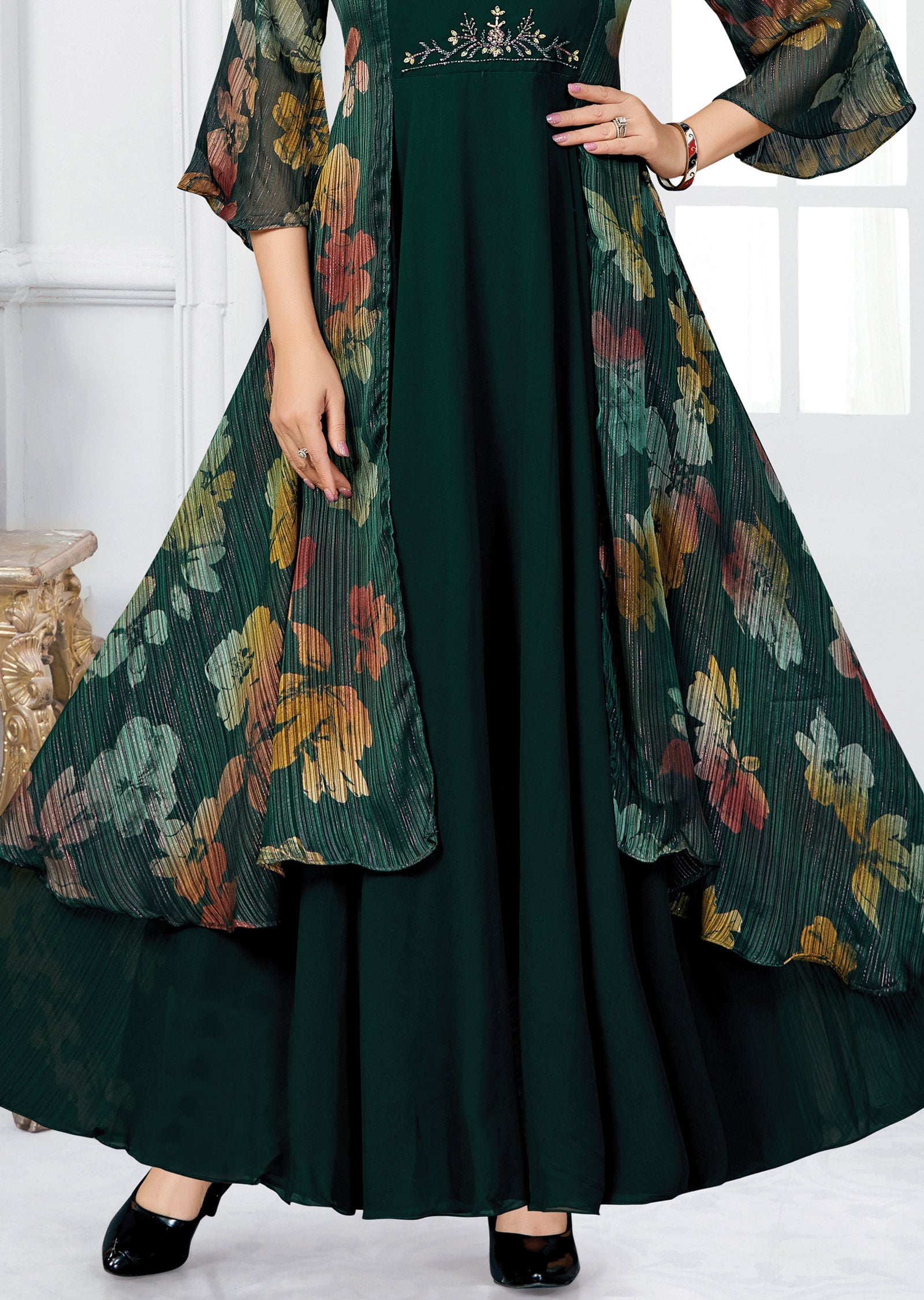 Bottle Green Georgette Kurti Full Length