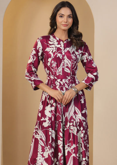 Magenta & Beige Muslin Long Dress