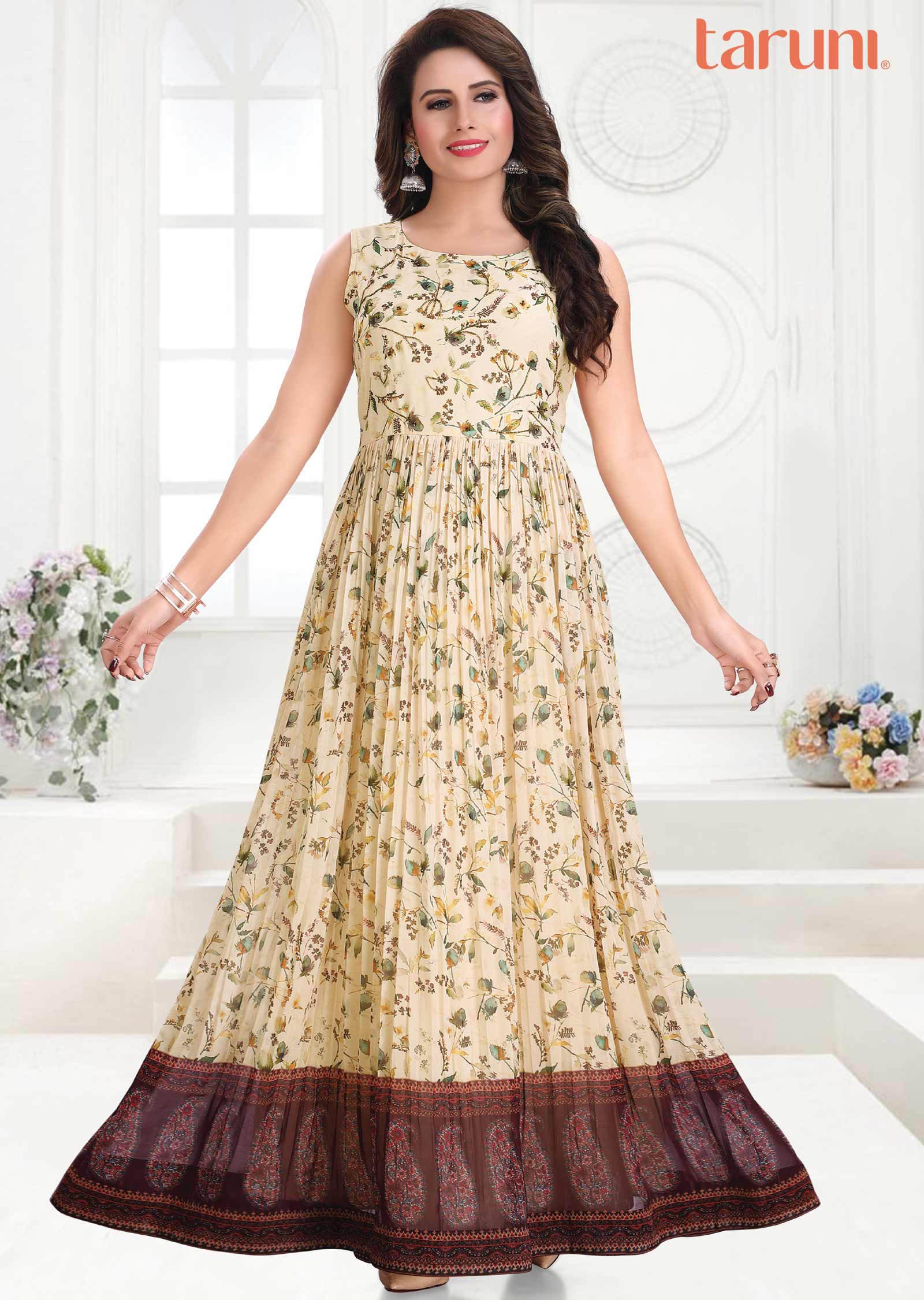 Dark cream Georgette Printed Full Length Kurti