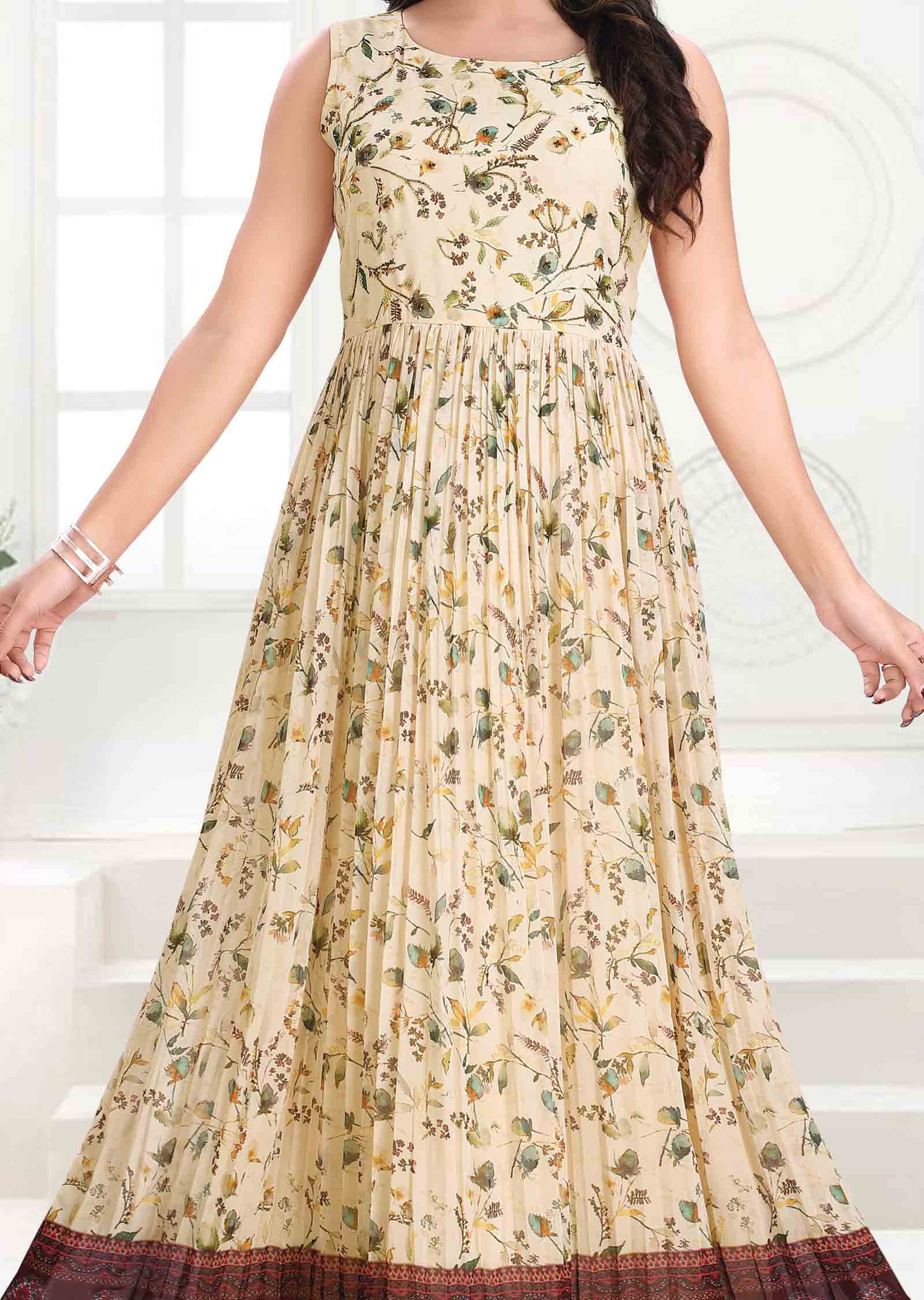 Dark cream Georgette Printed Full Length Kurti