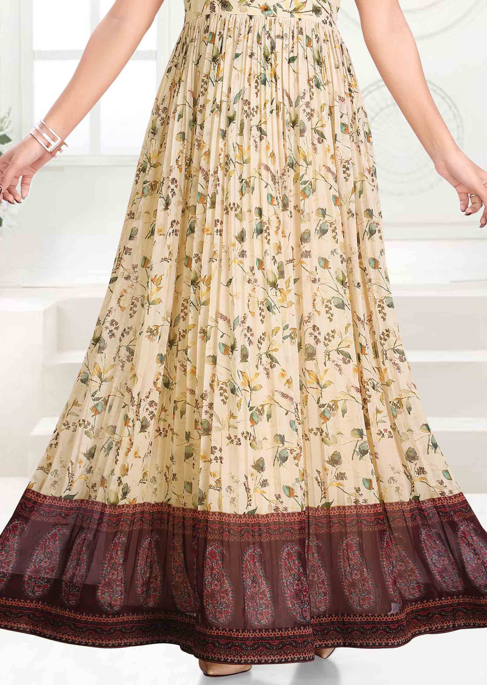 Dark cream Georgette Printed Full Length Kurti