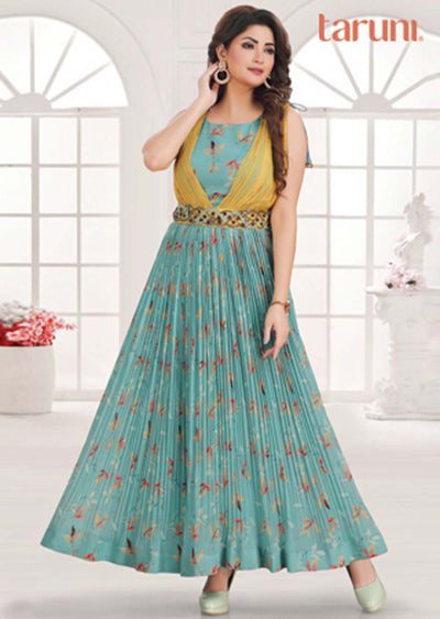 Sea Green Georgette Printed Full Length Kurti