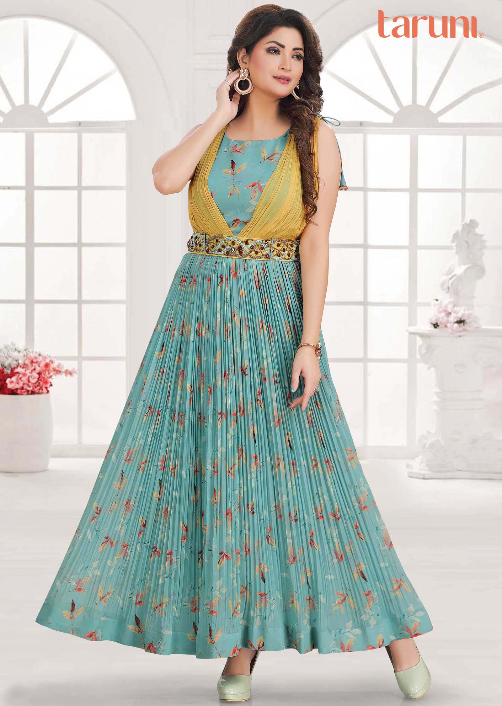 Sea Green Georgette Printed Full Length Kurti