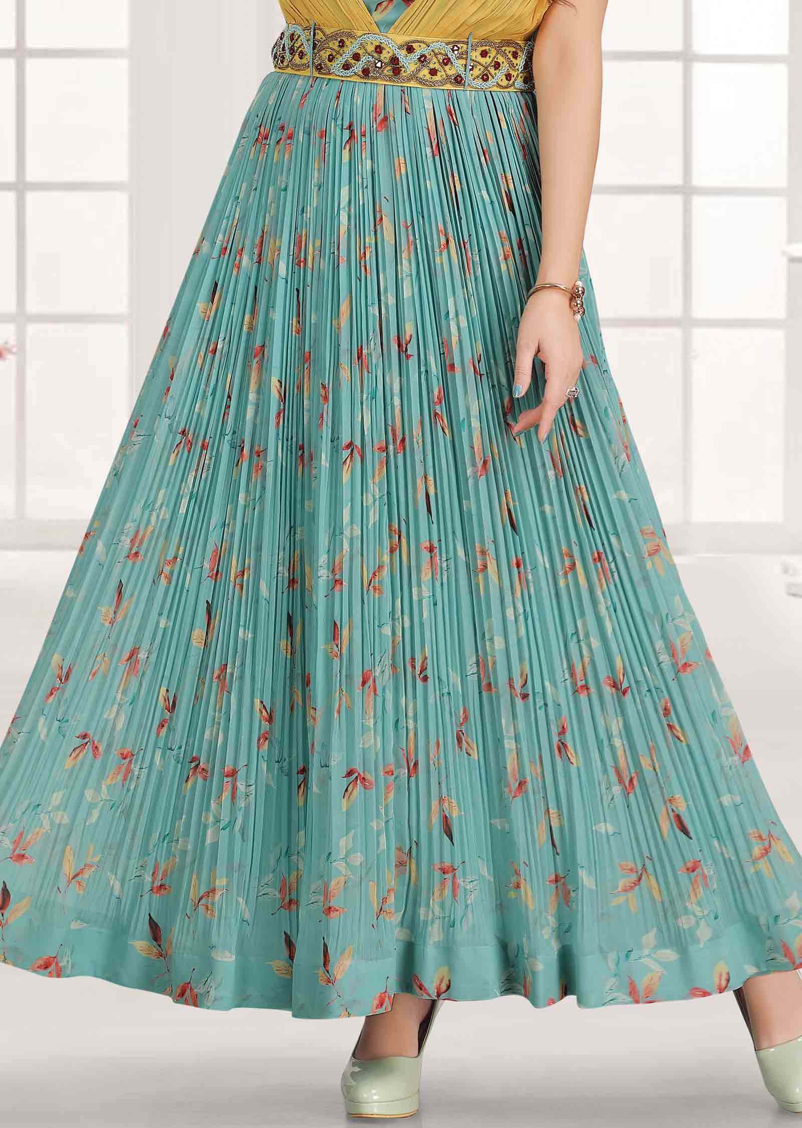 Sea Green Georgette Printed Full Length Kurti