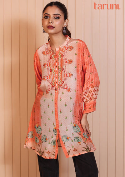 Coral & Peach Crepe Short Kurti