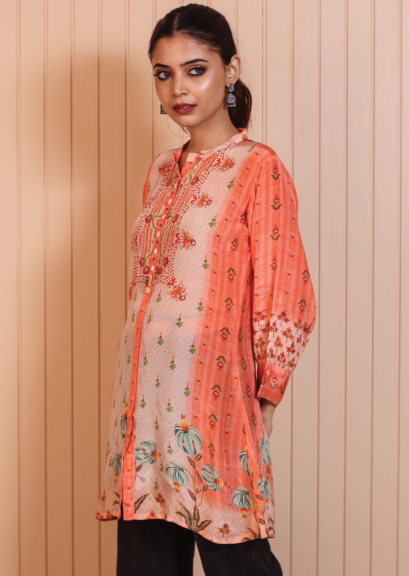 Coral & Peach Crepe Short Kurti