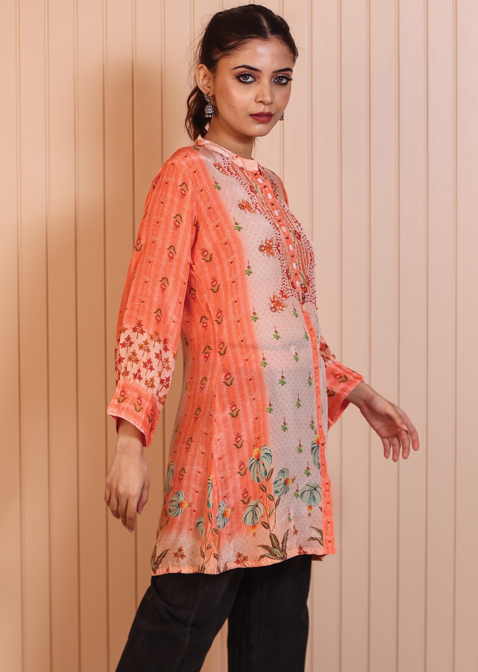 Coral & Peach Crepe Short Kurti