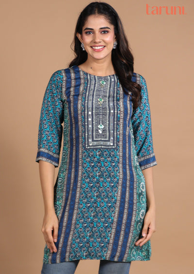 Green & Blue Printed Crepe Straight Cut Short Kurti