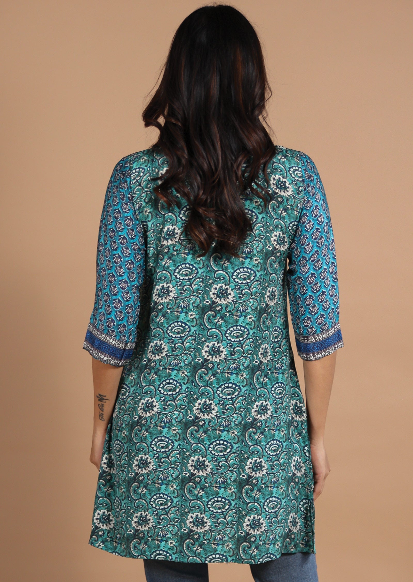 Green & Blue Printed Crepe Straight Cut Short Kurti