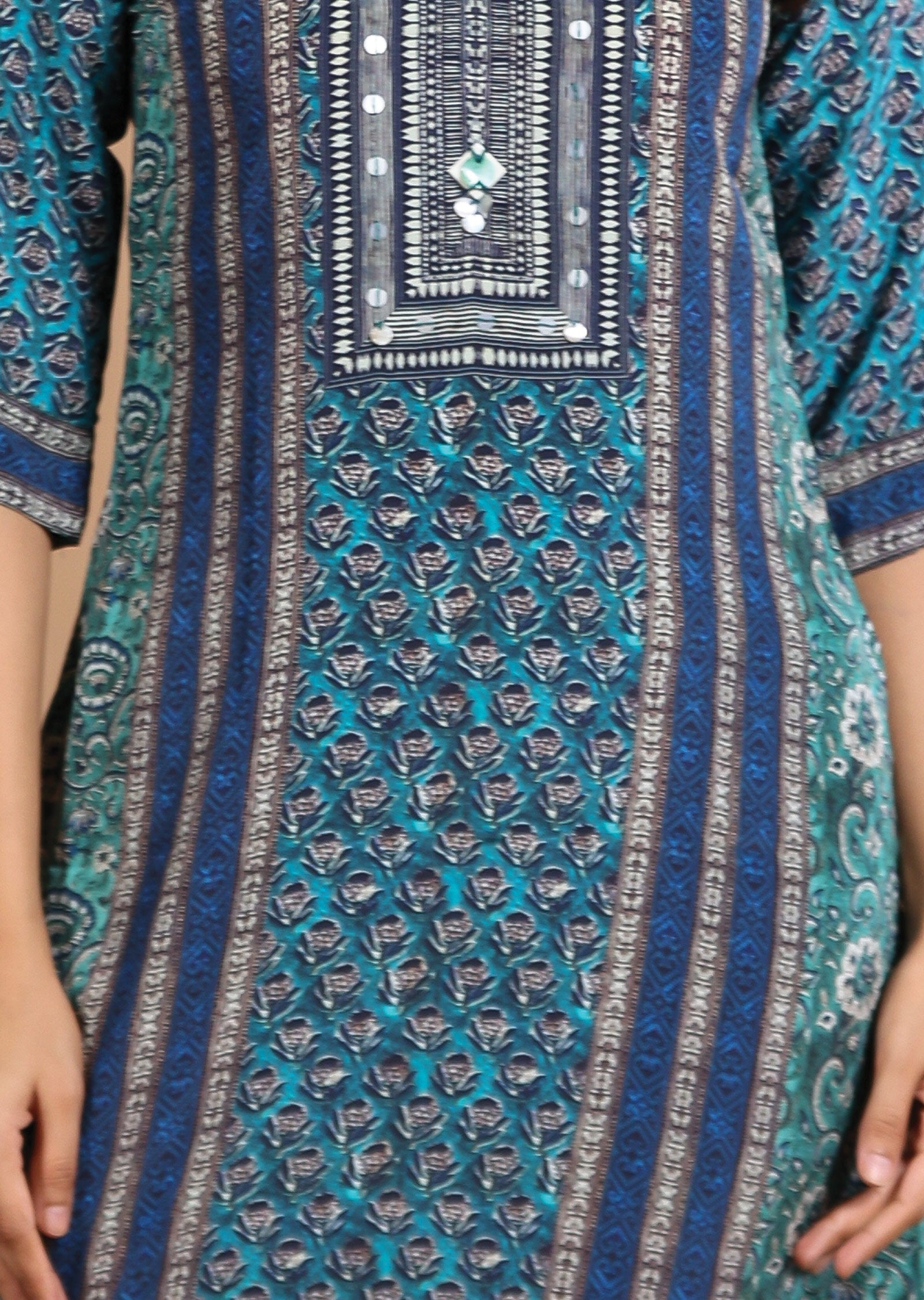 Green & Blue Printed Crepe Straight Cut Short Kurti