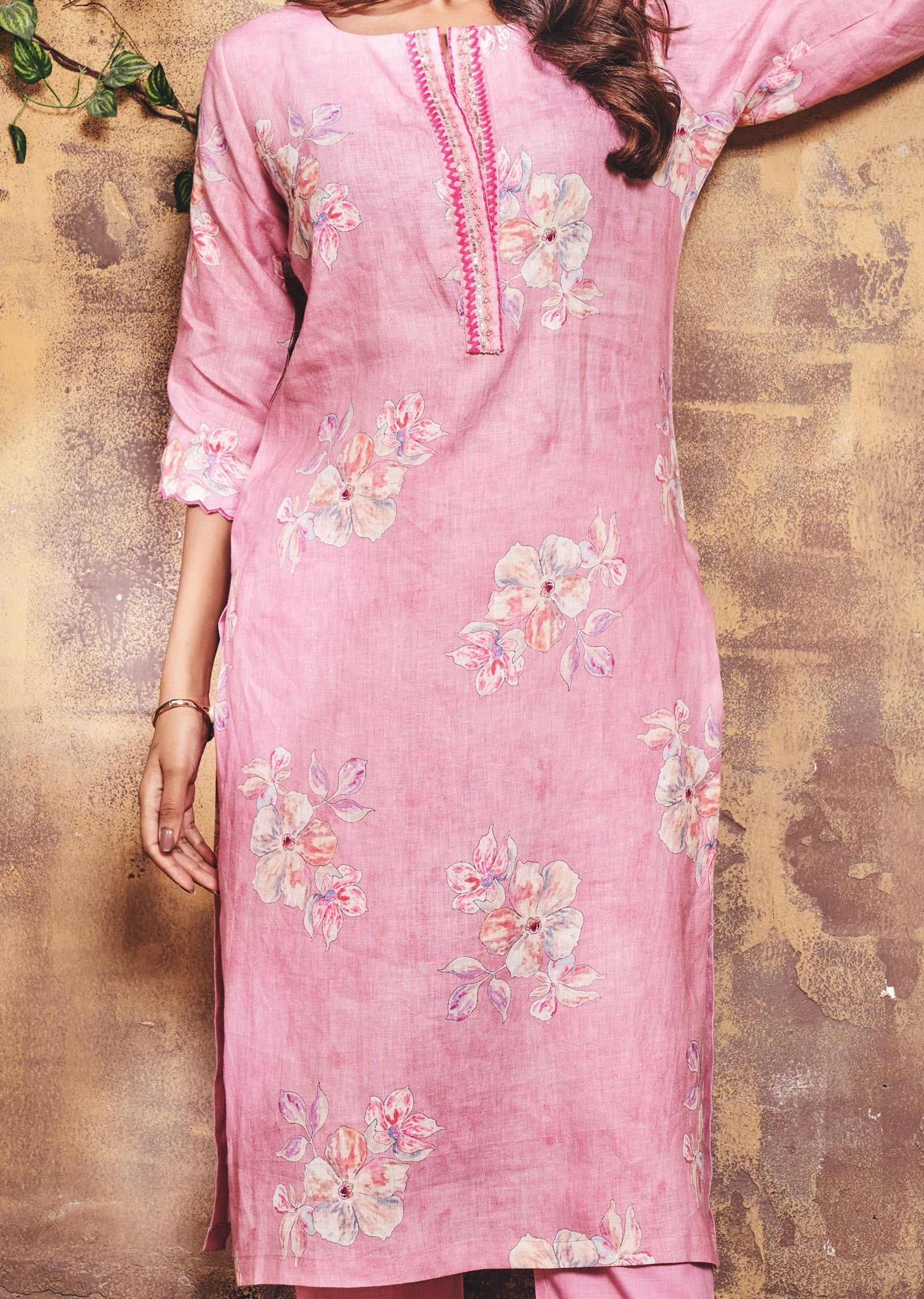 Pink Linen Kurti Straight Cut