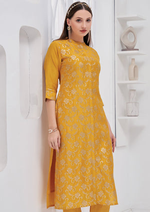 Mustard Yellow Banaras Kurti Straight Cut