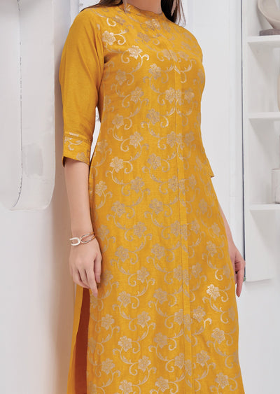 Mustard Yellow Banaras Kurti Straight Cut