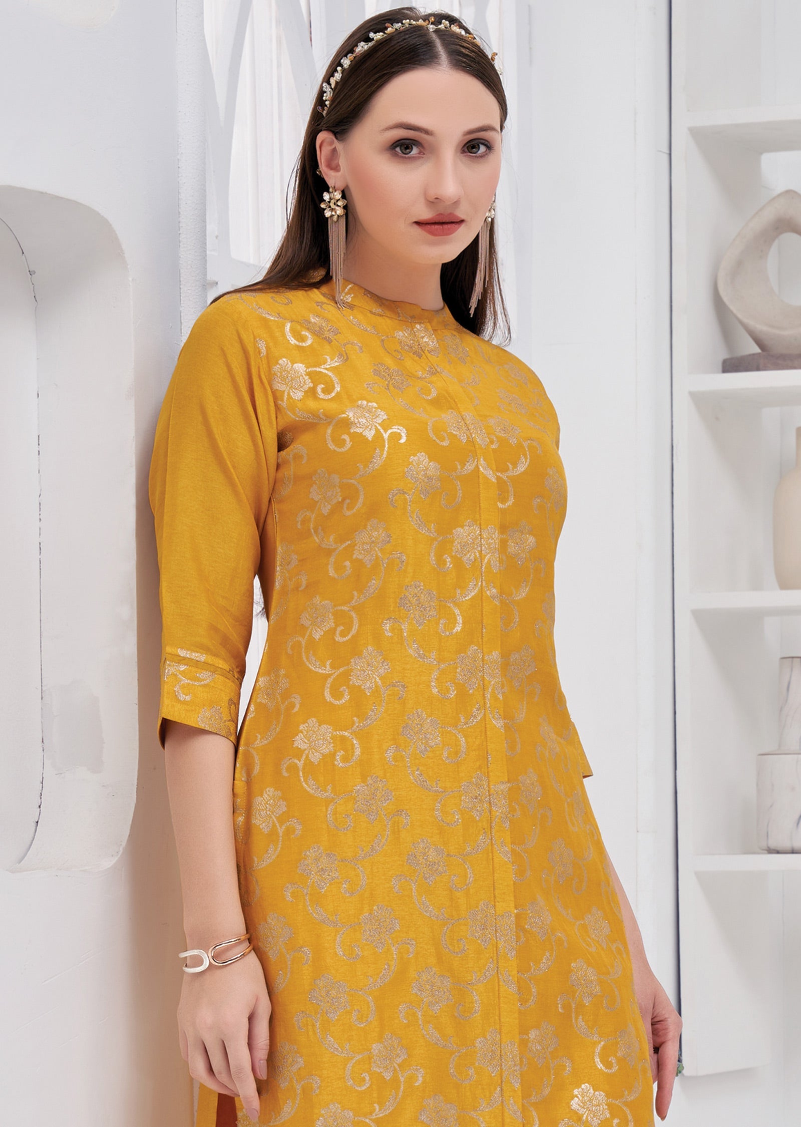 Mustard Yellow Banaras Kurti Straight Cut