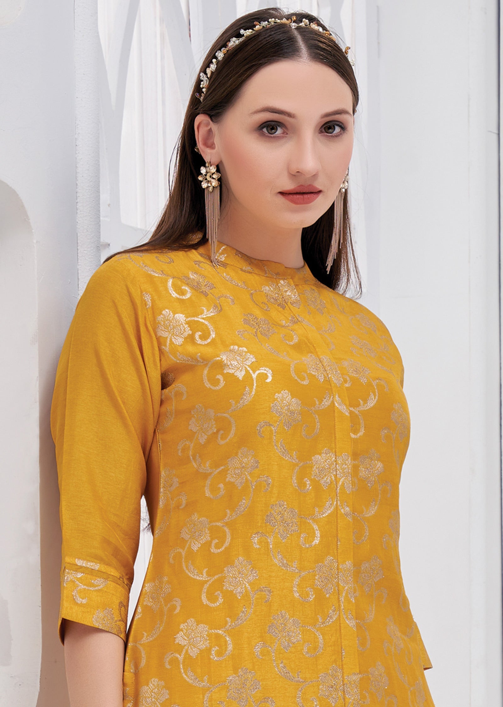 Mustard Yellow Banaras Kurti Straight Cut