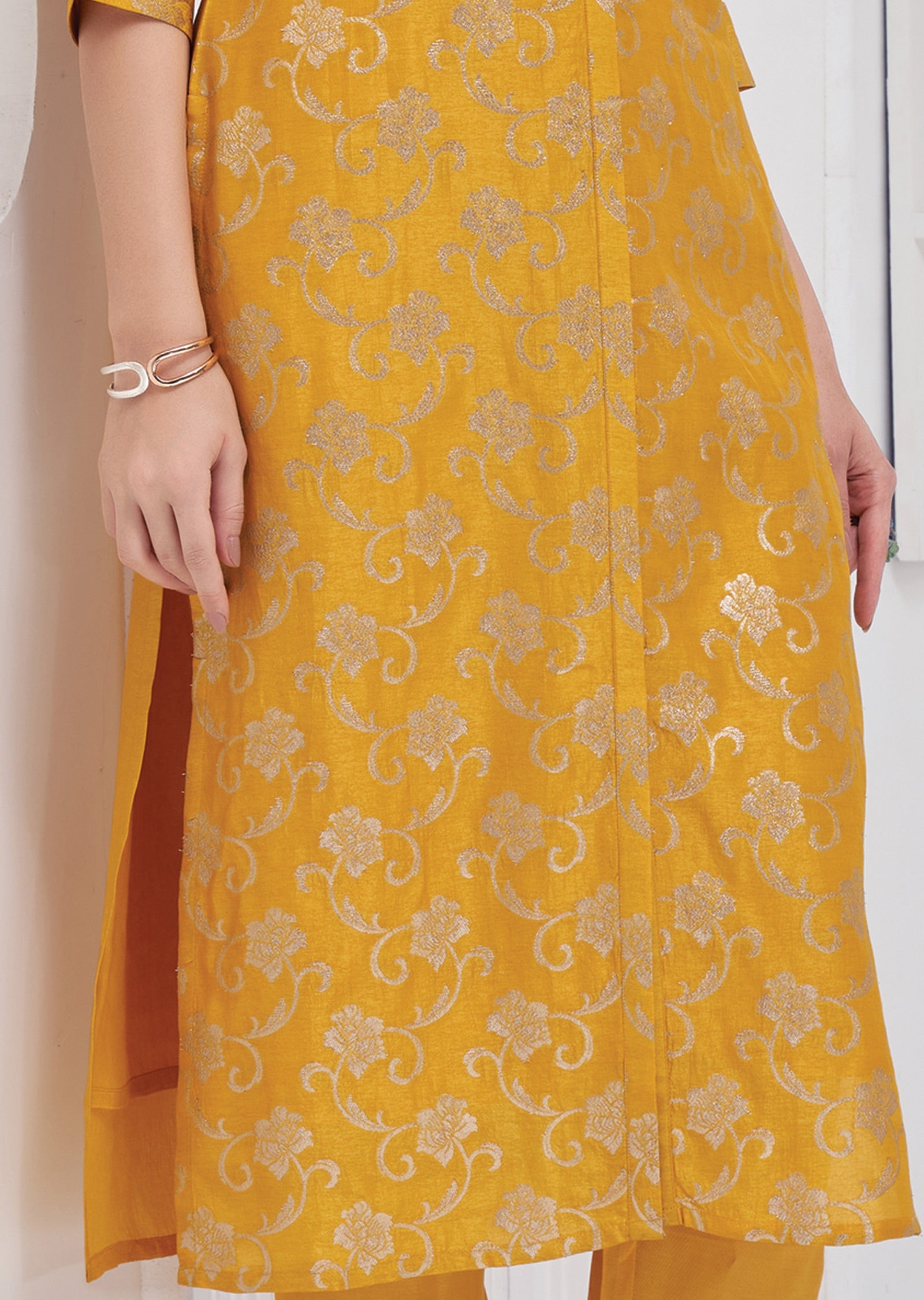 Mustard Yellow Banaras Kurti Straight Cut