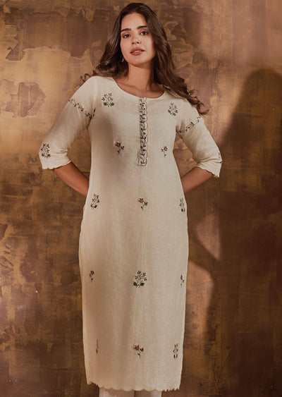 Cream Linen Kurti Straight Cut