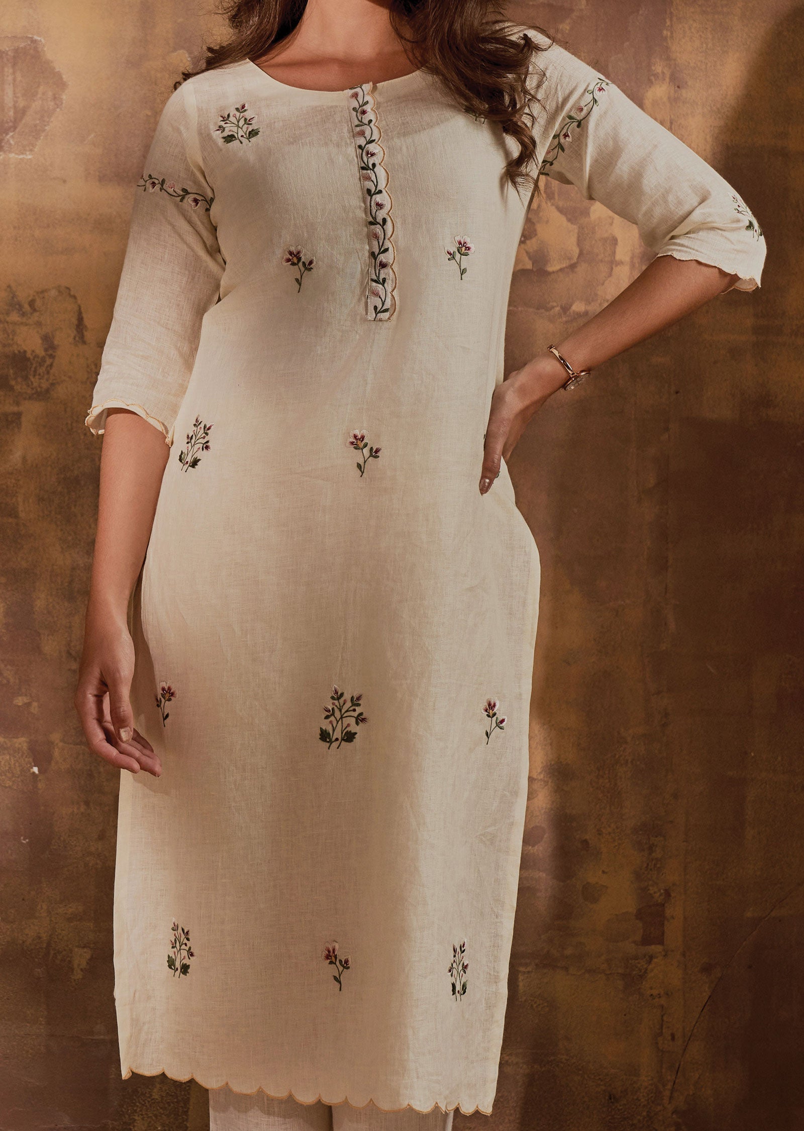 Cream Linen Kurti Straight Cut