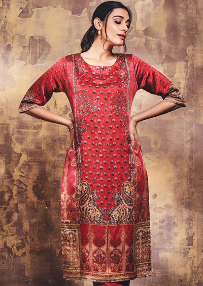 Maroon Linen Satin Kurti Straight Cut