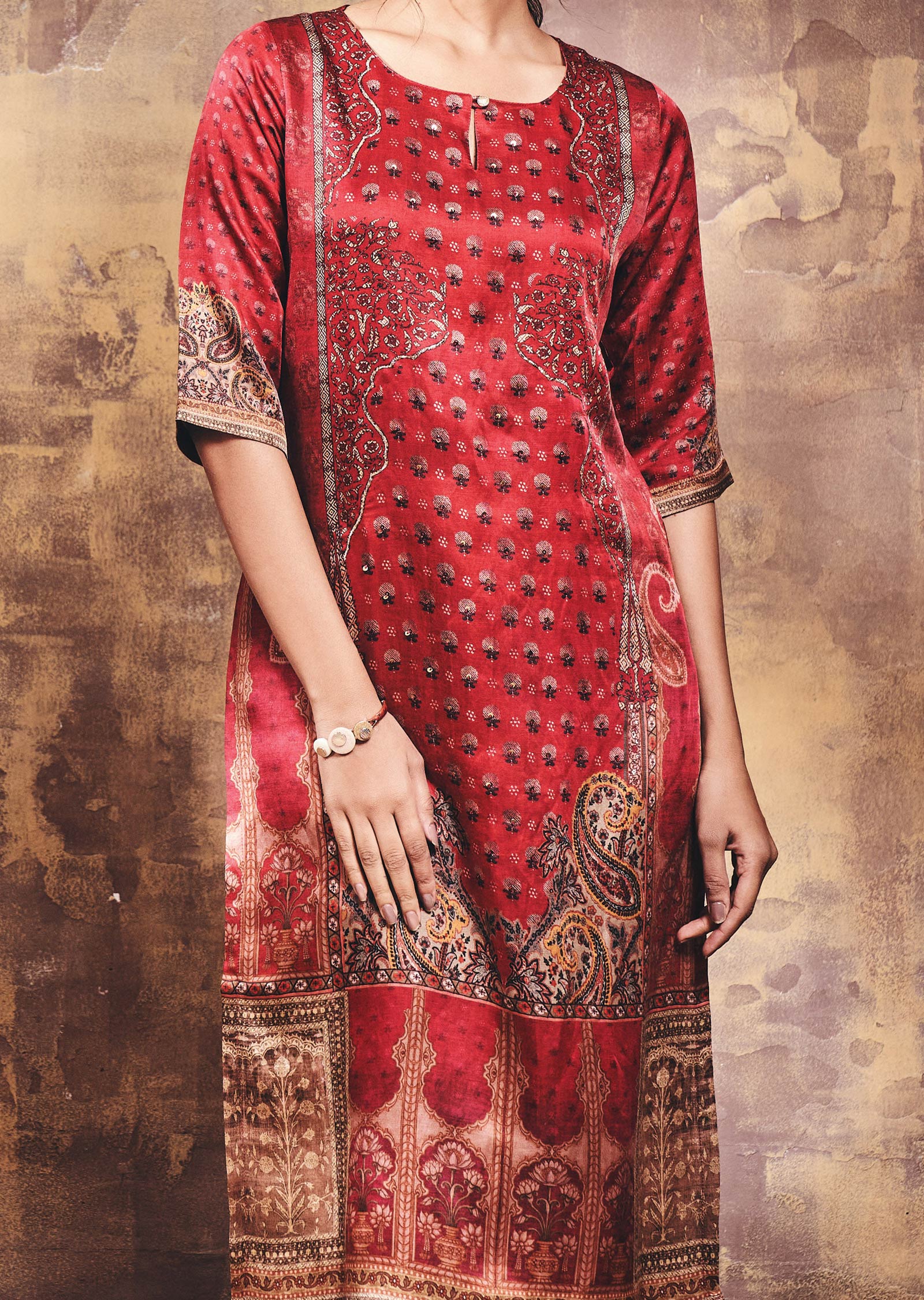 Maroon Linen Satin Kurti Straight Cut