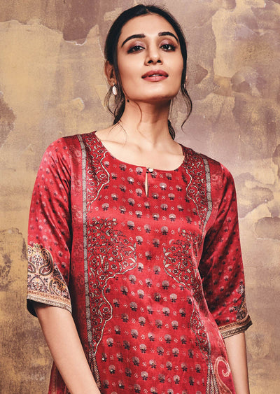 Maroon Linen Satin Kurti Straight Cut