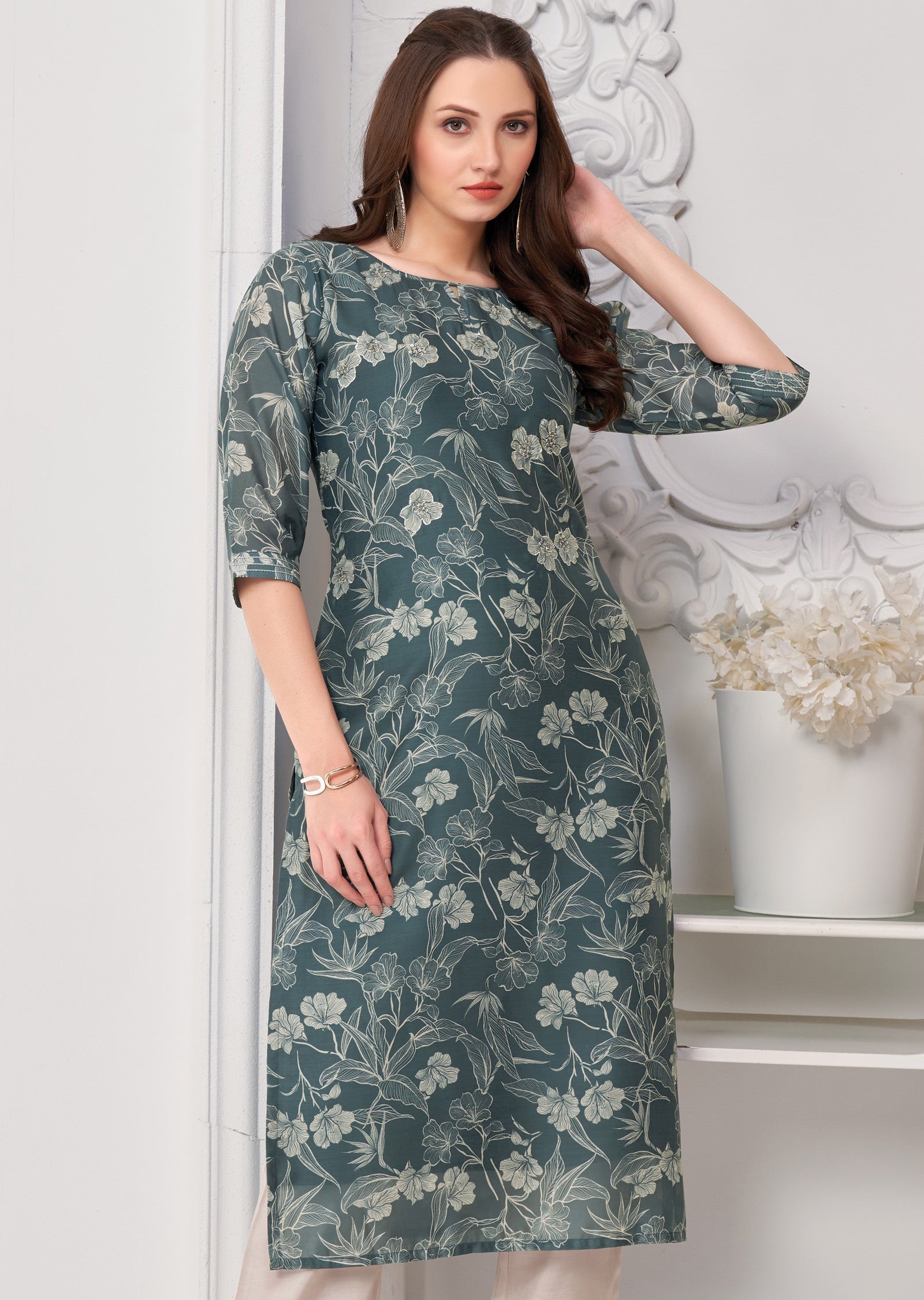 Grey Soft Chanderi Silk Kurti Straight Cut