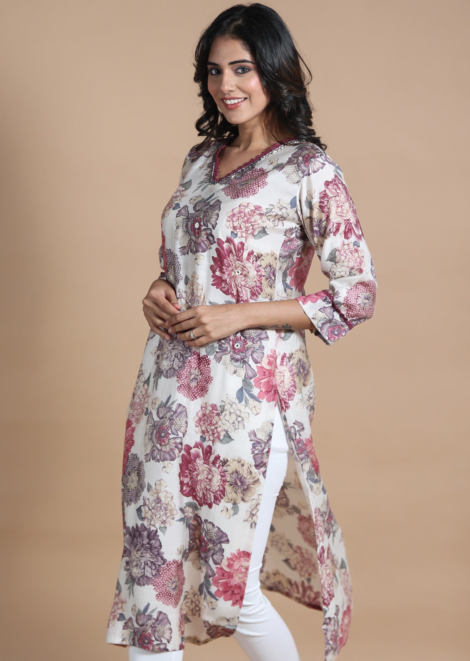 Beige Muslin Kurti Straight Cut