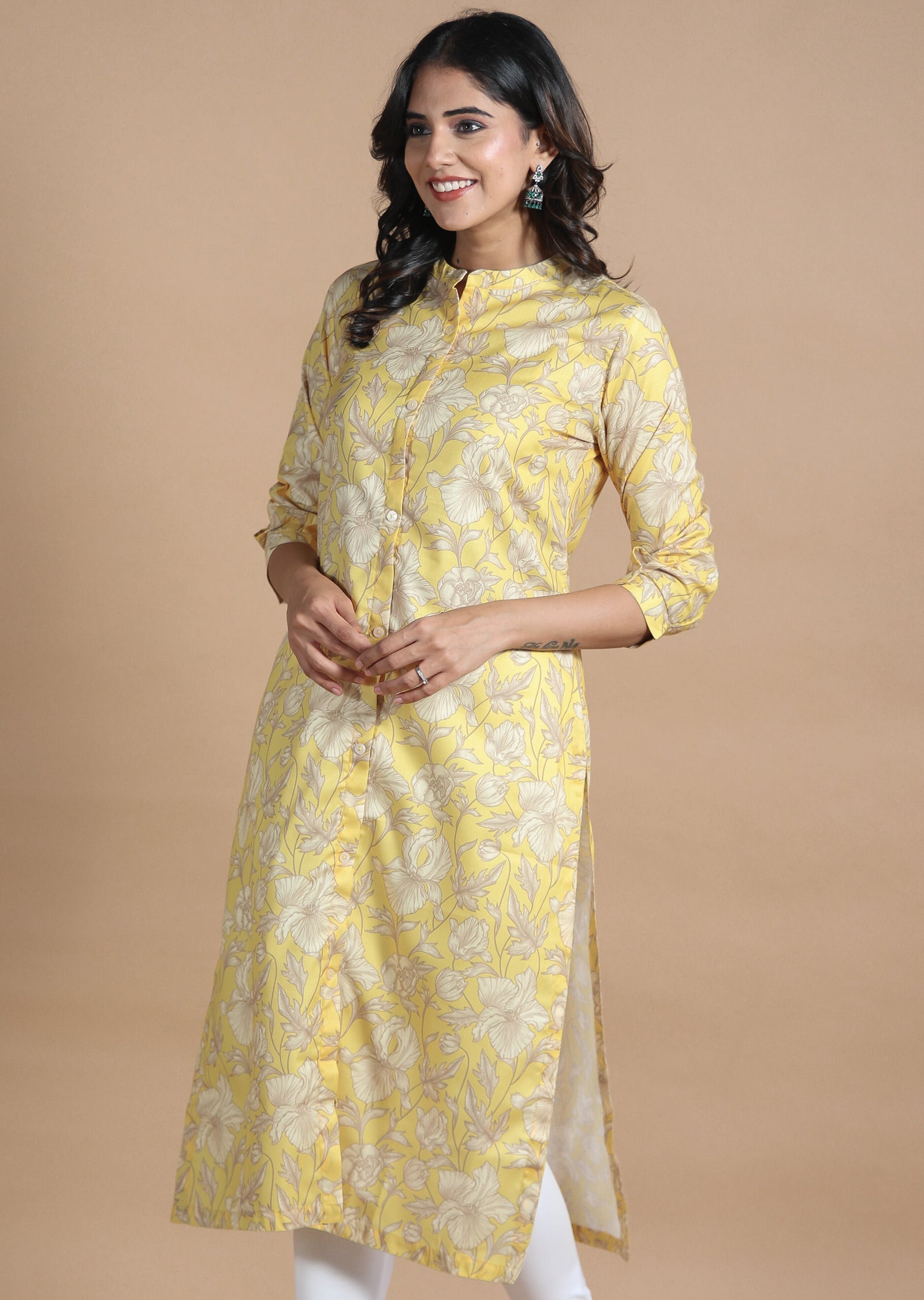 Yellow Cotton Kurti Straight Cut