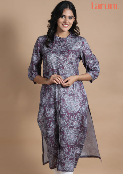 Magenta & Grey Cotton Kurti Straight Cut