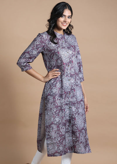 Magenta & Grey Cotton Kurti Straight Cut