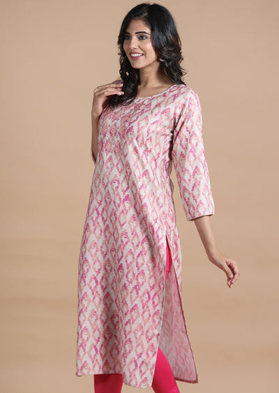 Beige & Pink Linen Cotton Kurti Straight Cut