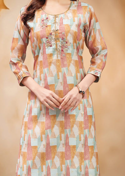 Multi-Color Printed Banaras Chanderi Kurti with Hand Work