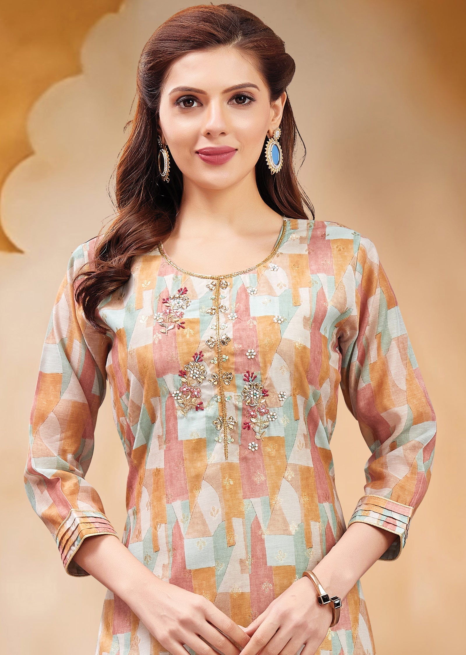 Multi-Color Printed Banaras Chanderi Kurti with Hand Work