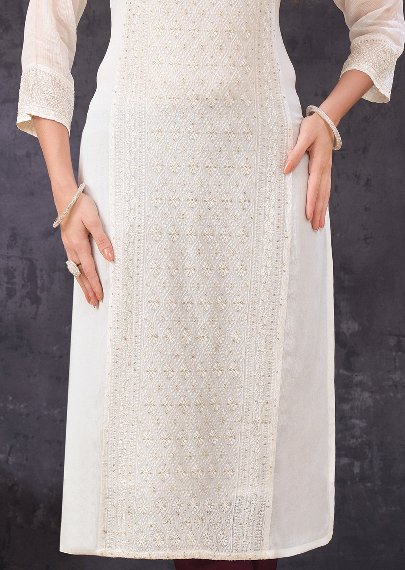 Off-White Chinnon Straight Cut Kurti with Lucknowi Work