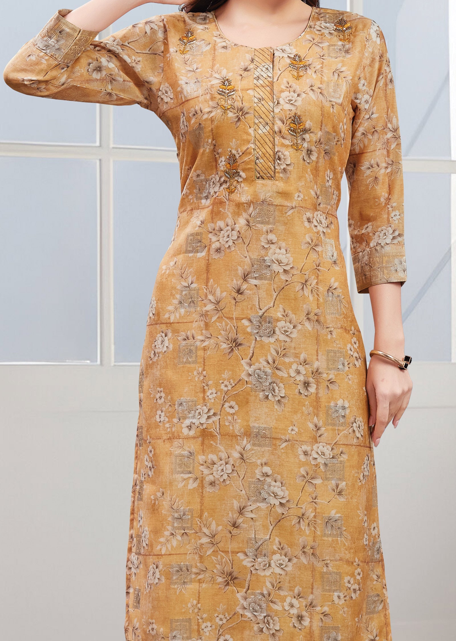 Light Mustard Printed Banaras Chanderi Straight Cut Kurti