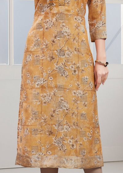 Light Mustard Printed Banaras Chanderi Straight Cut Kurti