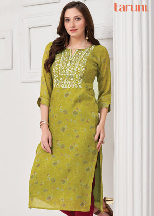 Lime Green Soft Silk Straight Cut Kurti with Zari & Mirrors