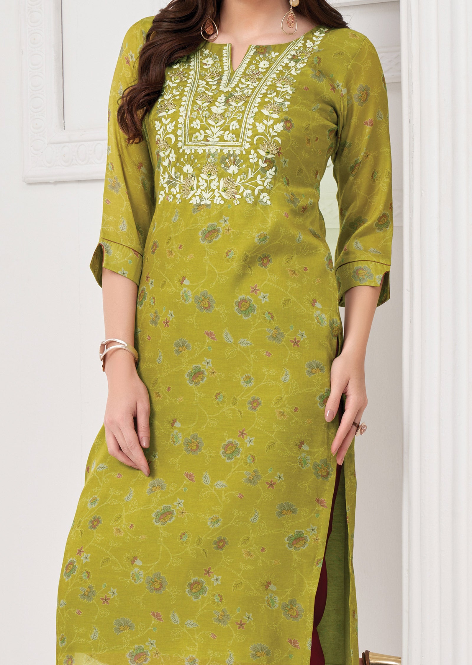 Lime Green Soft Silk Straight Cut Kurti with Zari & Mirrors