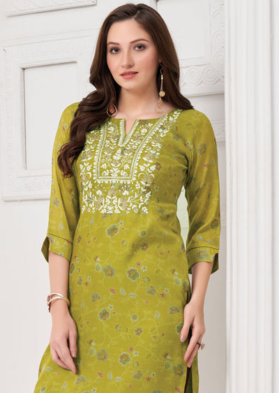 Lime Green Soft Silk Straight Cut Kurti with Zari & Mirrors