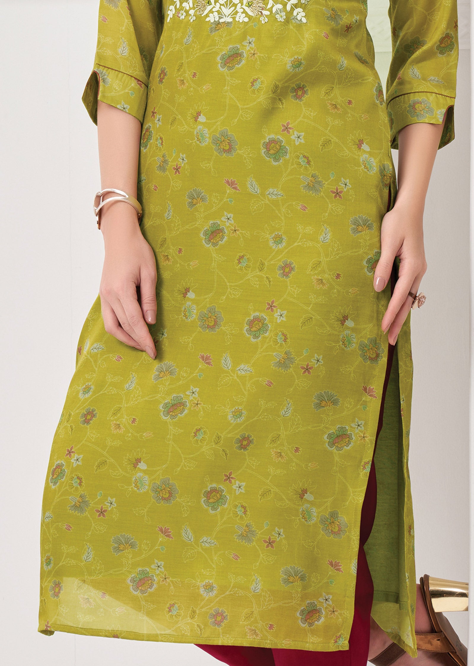 Lime Green Soft Silk Straight Cut Kurti with Zari & Mirrors