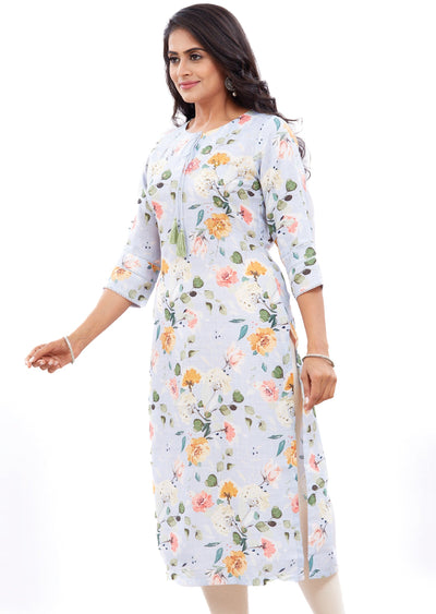 Sky Blue Linen Kurti Straight Cut