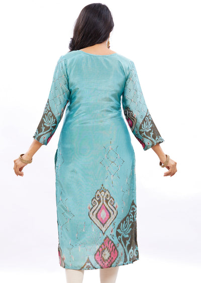 Dark Sea Green Tissue Silk Kurti Straight Cut